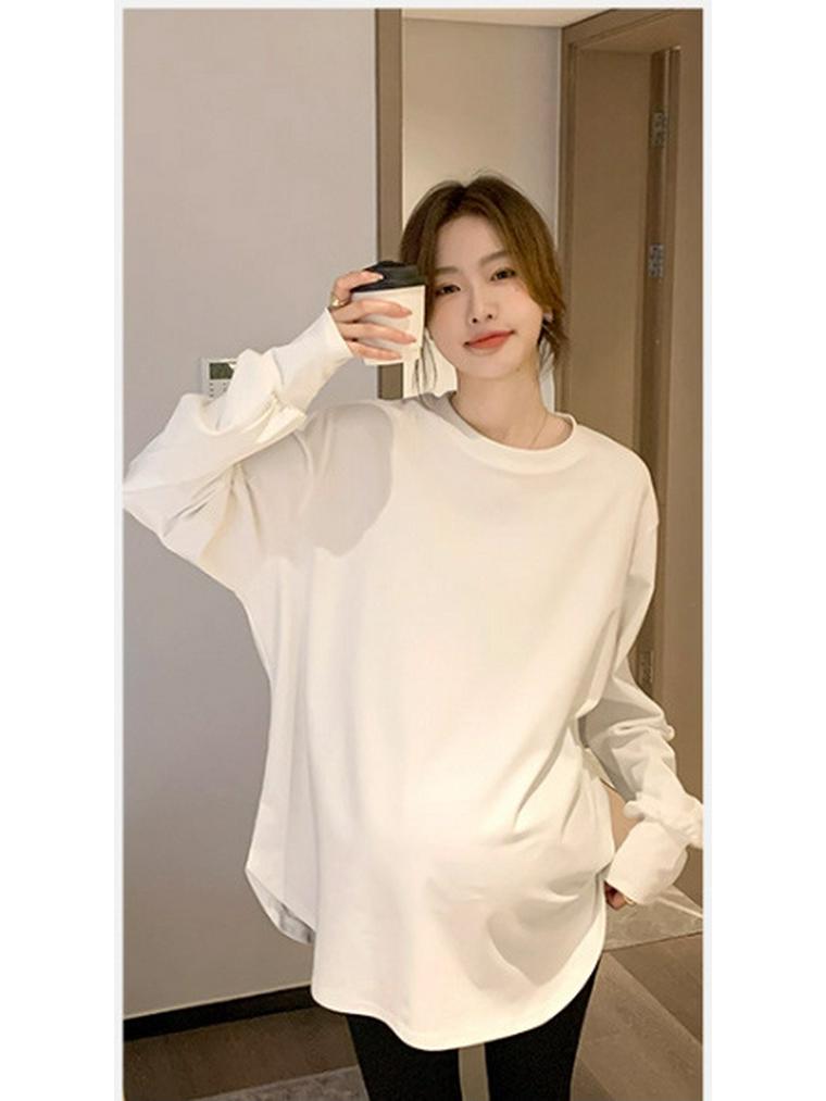 2025 Koreanischer Stil Hellgraues Umstandsschweißshirt & Haifischhosen-Set mit Rundhalsausschnitt