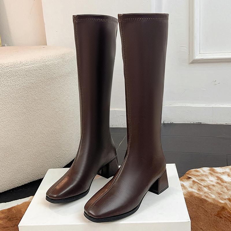Autumn Winter Thick Heels Woman Knee High Boots Fashion Square Toe Party Dress Shoes Female Vintage Long Booties  De Muje