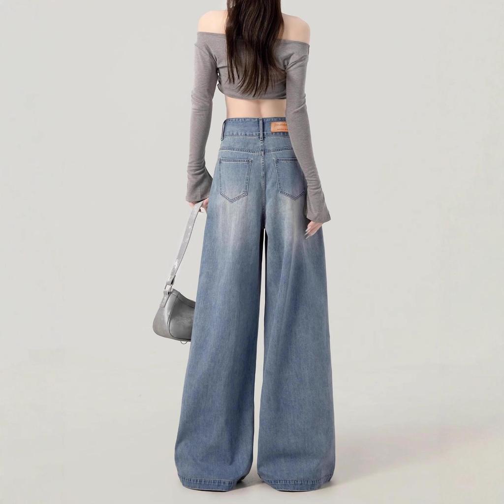 Dámské džíny s vysokým pasem a širokými nohavicemi, Léto 2025 - Světlá barva, Nadměrná velikost, Zeštíhlující, Délka až na zem, Design pro postavu ve tvaru hrušky.