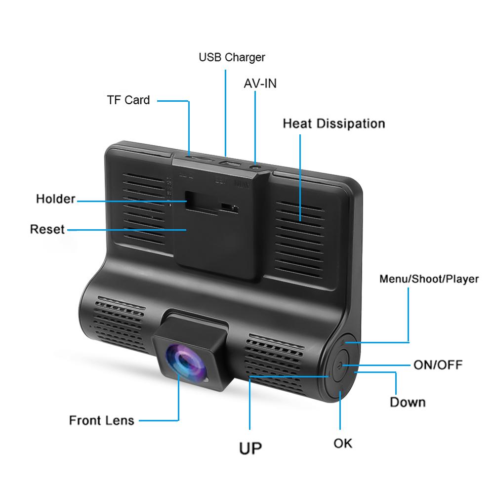 1080P Araba DVR 3 Kamera Lens 4 İnçlik Dikiz Kamerası Geri Görüş Kamerası Dahil TF Kart Video Kaydedici Otomatik Kayıt Cihazı
