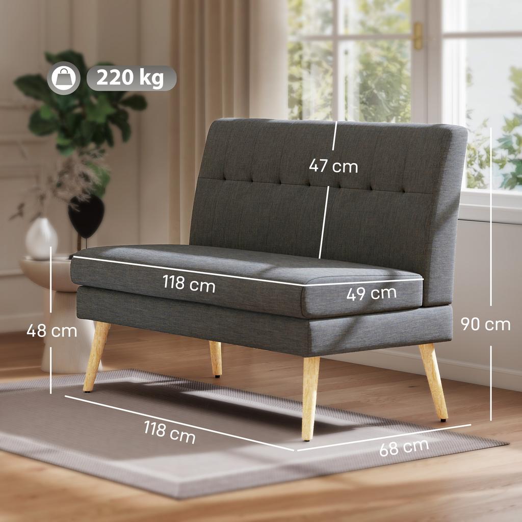 2-Seater Sofa, Tufted Backrest, Wooden Legs, Thick Padding, Linen Look, for Small Spaces, Grey