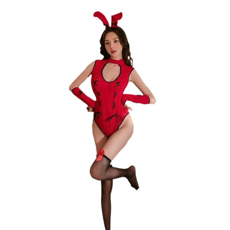 Sexy lingerie sexy red bunny crotch free one-piece pajamas uniform tease seduction suit d