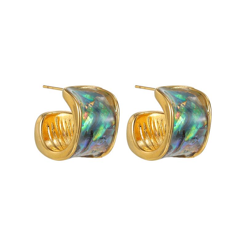 18K Gold Iridescent Shell C-Shaped Earrings: Geometric Niche Design for Women, High-End Autumn/Winter Jewelry