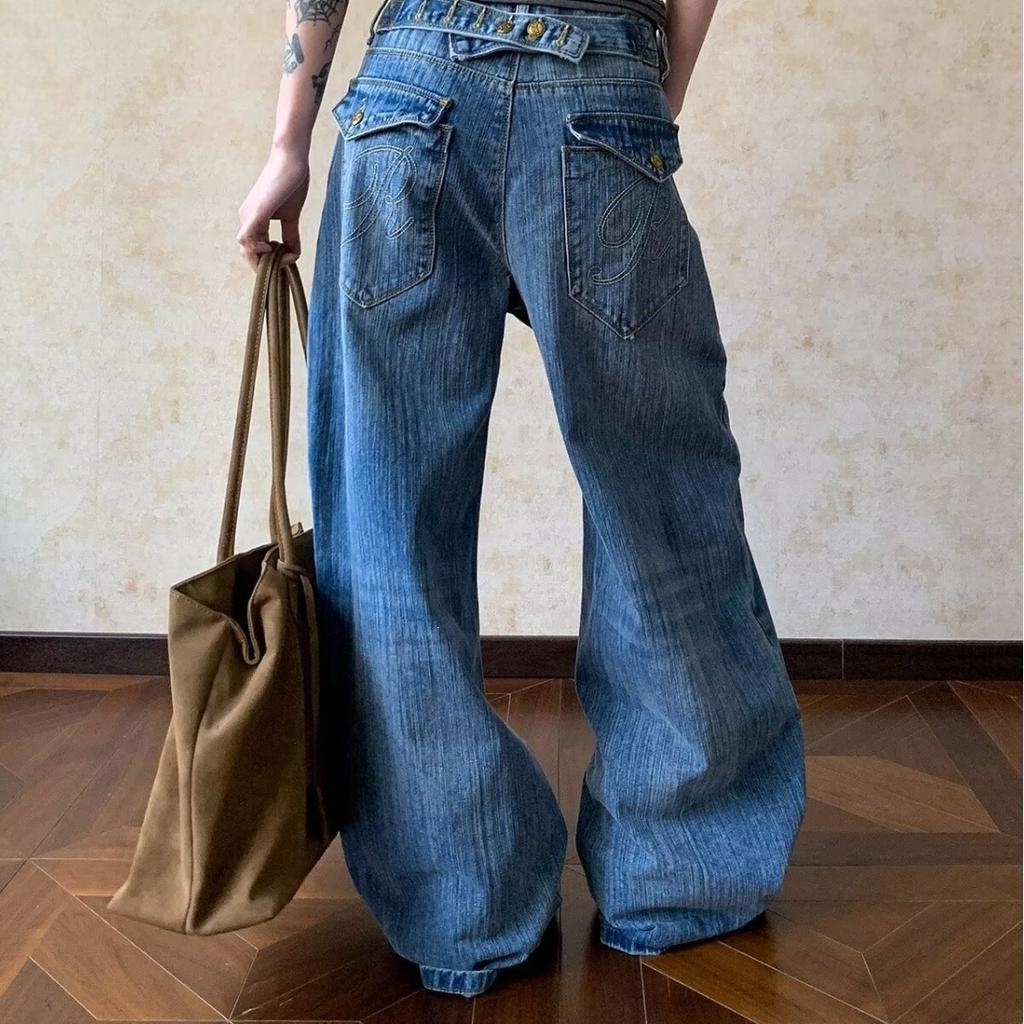 American retro Paris buckle bamboo pattern jeans boys new ins washed loose straight scimitar pants