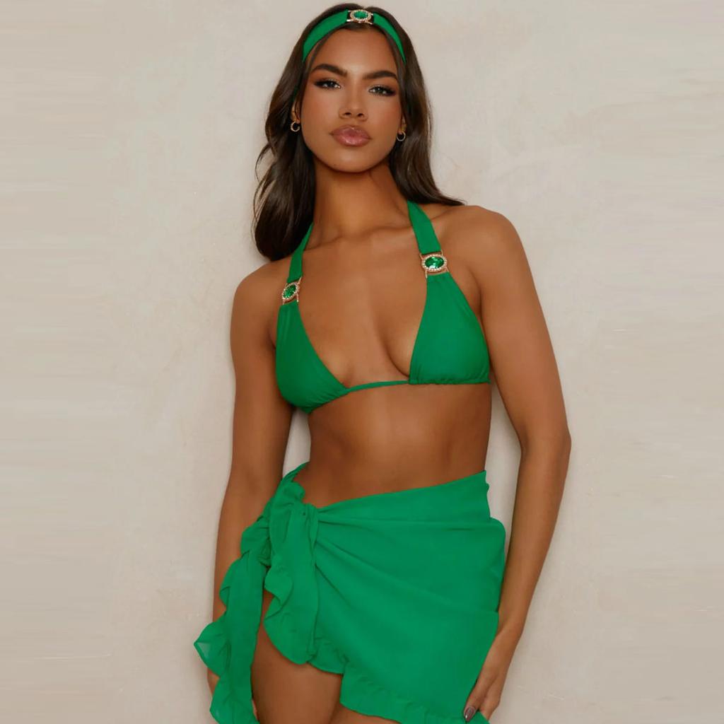 Beach Bikini Set with Skirt & Halter Top, Women's Diamond Swimsuit, Two-Tone Adjustable Bathing Suit