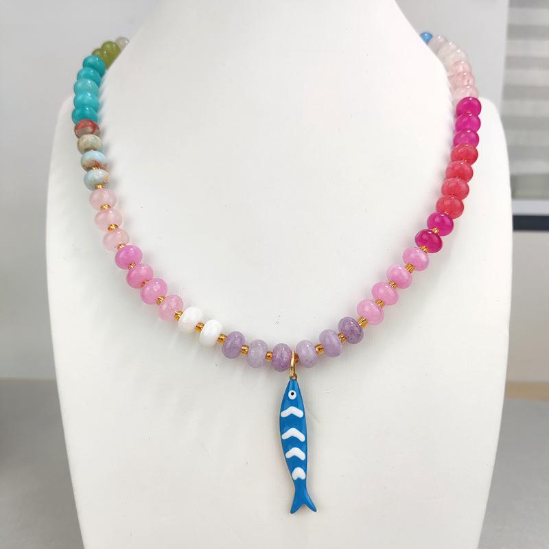 

Natural Crystal Citrine Fish Pendant Necklace with Abacus Bead Clavicle Chain