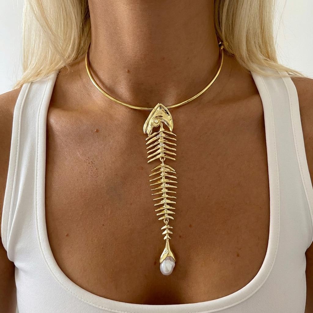 Dark Mermaidcore Fishbone Pendant Choker Necklace for Women Edgy Gold Rhinestone Skeleton Pearl Collar Statement Jewelry