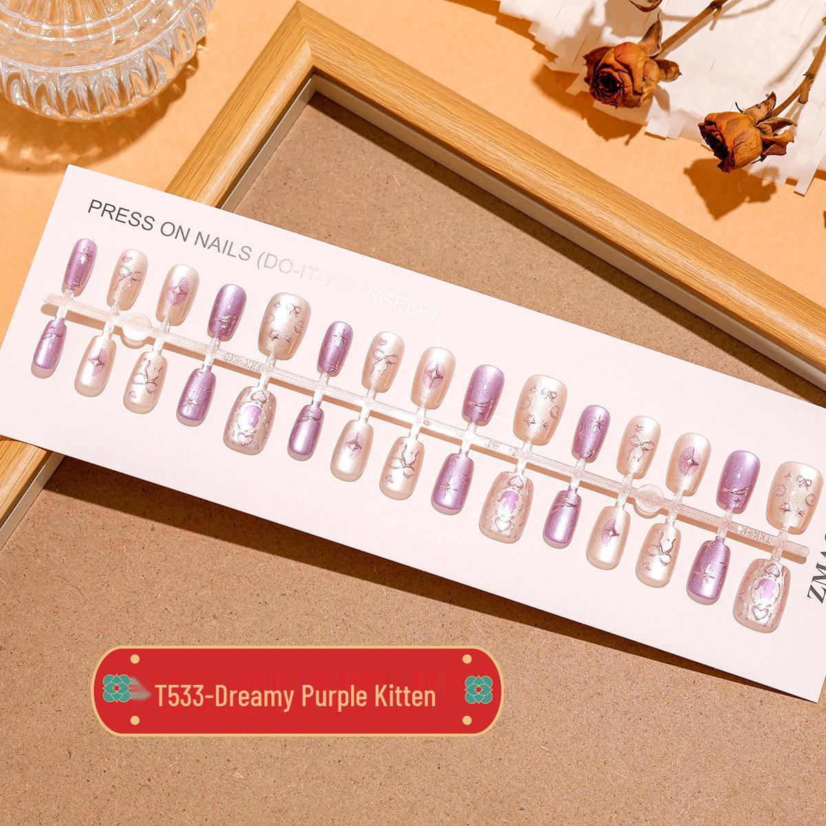 

Dreamy Purple Kitten Cat Eye Press-On Nails with Star, Moon, and Bow Design Complete Pack M