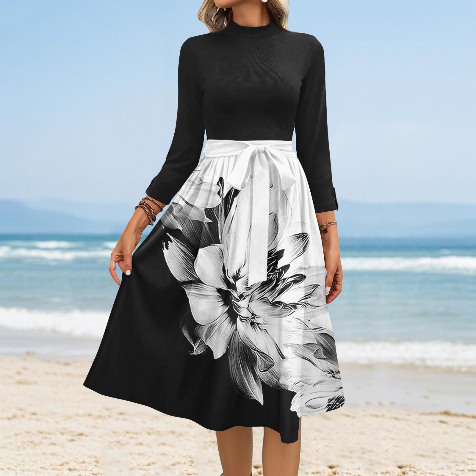 

Women s Fashion Casual Belt Seven Sleeve Round Neck Floral Temperament Dresses S білий