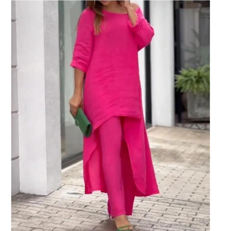 2023 Women's Plus Size Cotton Linen Two-Piece Set: Irregular Long Sleeve Top & Wide Leg Pants.