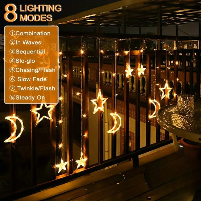 3.5M Solar Moon Star Curtain Lights Waterproof 8 Modes LED Fairy String Lamp for Christmas Party Garden Decor Decor for Room