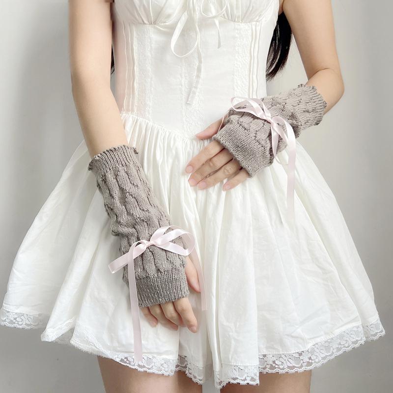 Lovely Knitted Bowknot Half Finger Gloves Sweet Girl Arm Sleeves Hand Warm Elastic Decorated Handcuffs Party Accessories