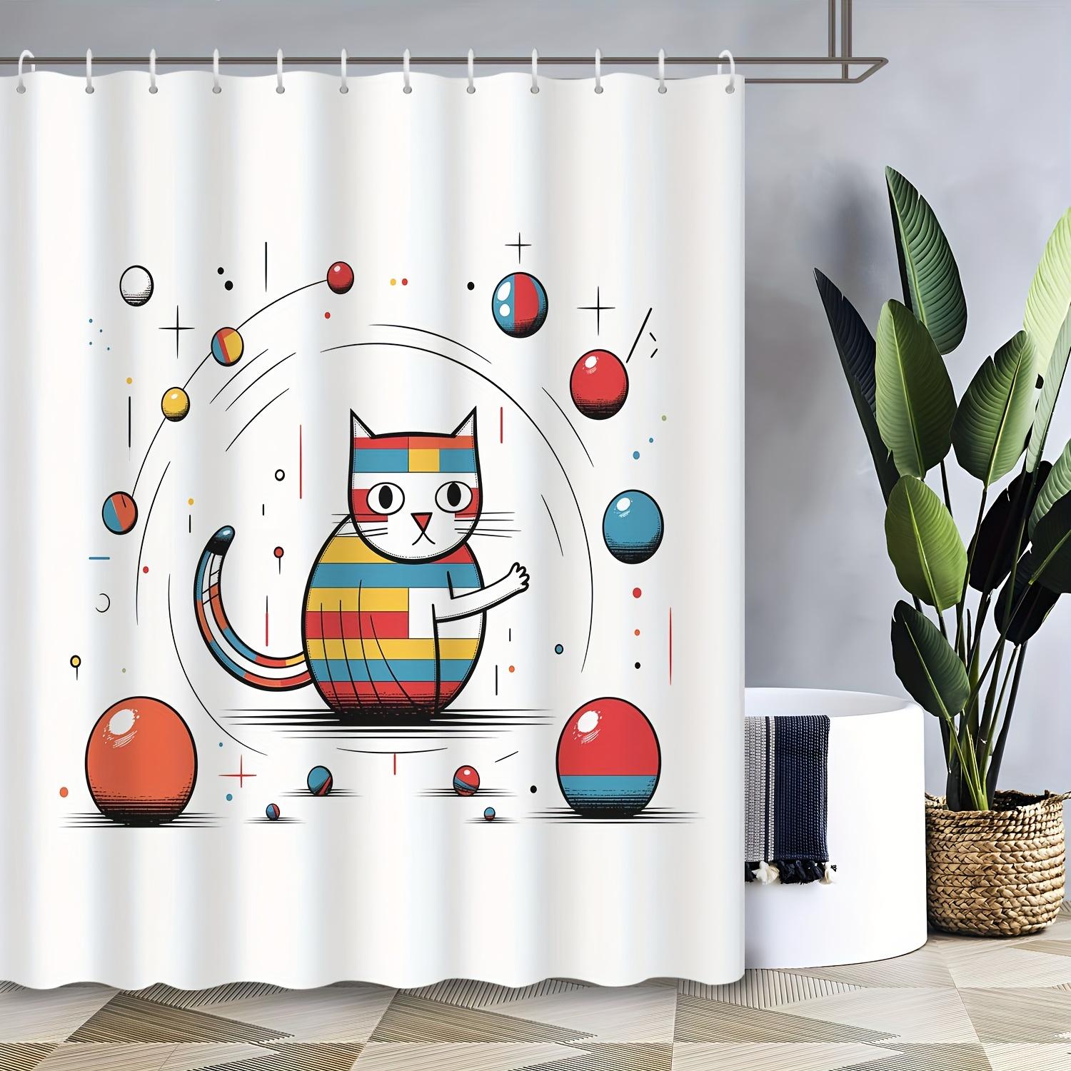 

Abstract Geometric Cat Shower Curtain - Colorful Line & Ball Design, Fun Bath Decor for Hotel & Home Use W90xH180cm