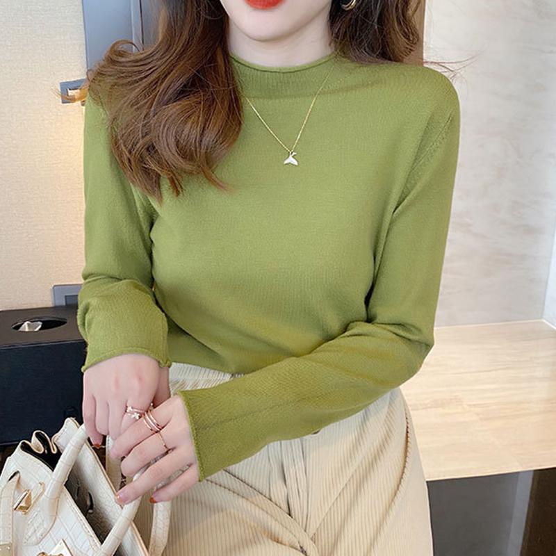 Ladies autumn winter Long Sleeve stand Collar slim fit Basic Solid Color Pullover T Shirt Top for Layering