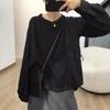 Women Crew Neck Long Sleeve T-Shirt Shirt Patchwork Drawstring Loose Casual Blouse Korean Style Fall Top