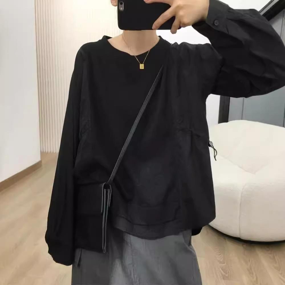 Women Crew Neck Long Sleeve T-Shirt Shirt Patchwork Drawstring Loose Casual Blouse Korean Style Fall Top