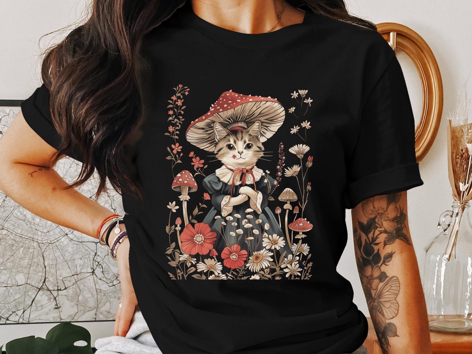 Vintage Cat in Cottagecore Garden with Mushrooms Flowers, Whimsical Animal Art, Fairy Tale Shirt for Nature Lovers, Cute Feline Top L