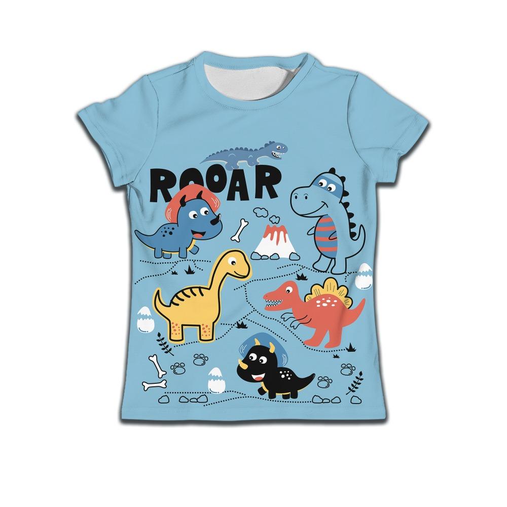 Boys and children's short sleeved T-shirt, girls' dinosaur paradise pattern shirt, girls' project cartoon blue baby boy clothing