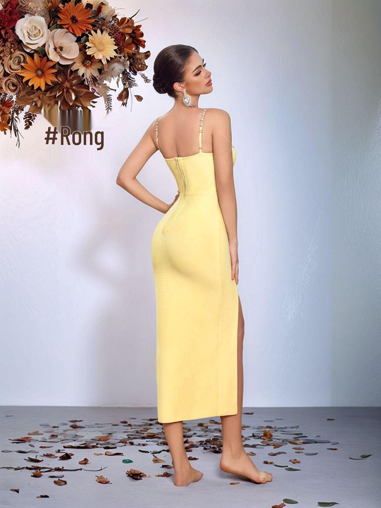 European-American Rhinestone Bandage Evening Dress with Side Slit