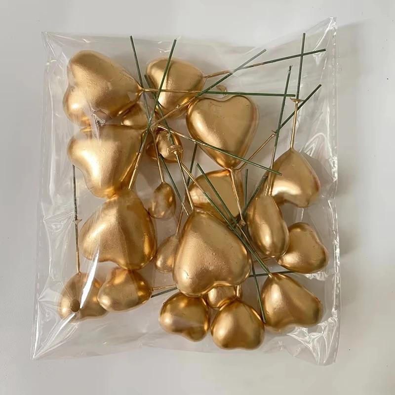 20pcs Heart Shape Cake Topper Mix Size Gold Silver Pink Love Cake Ball Valentine's Day Cupcake Flag Wedding Engagement Decor