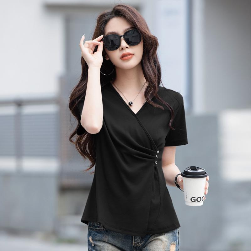 Women's Summer New Cross V Neck Solid Color Slim Waist Irregular Top
