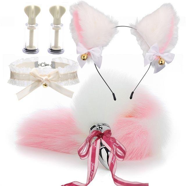 SM Erotic Cosplay Cute Fox Tail Anal Plug Bow-Knot Soft Cat Ears Headbands Collar Couples Accessories Sex Toys For Female Male