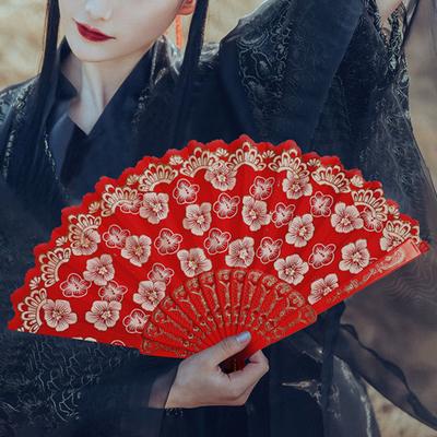 Retro Lace Folding Fan Portable Lightweight Chinese Dance Handheld Fan Cherry Blossom Pattern Elegant Women's Fan with Tassel for Dance Performance