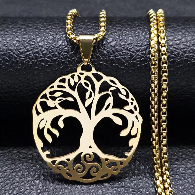 Fashion Tree of Life Round Necklace for Women Men Stainless Steel Gold Color Chain Necklaces Jewelry arbre de vie N3399S02