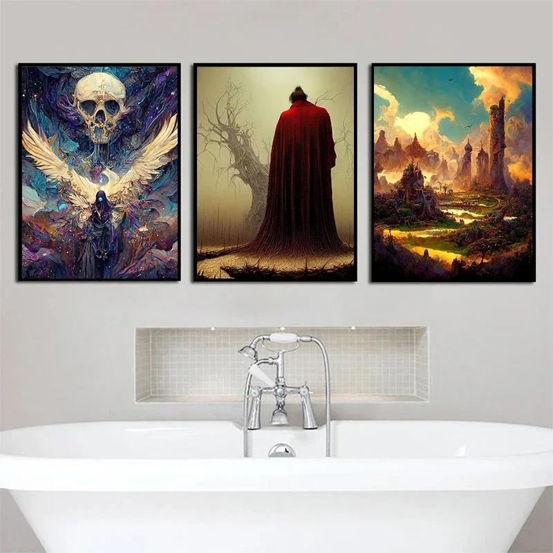 Surrealism Fantasy World Magic Skeleton Castle Poster and Prints Canvas Painting Wall Art Pictures for Room Home Decor Gift