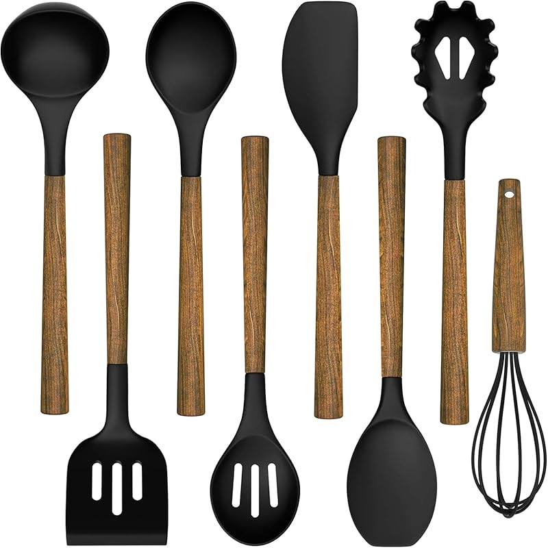 Silicone Cooking Utensil Set, Umite Chef 8-Piece Kitchen Utensils Set with Natural Acacia Wooden Handles,Food-Grade-Silicone Kitchen Gadgets Spatulas