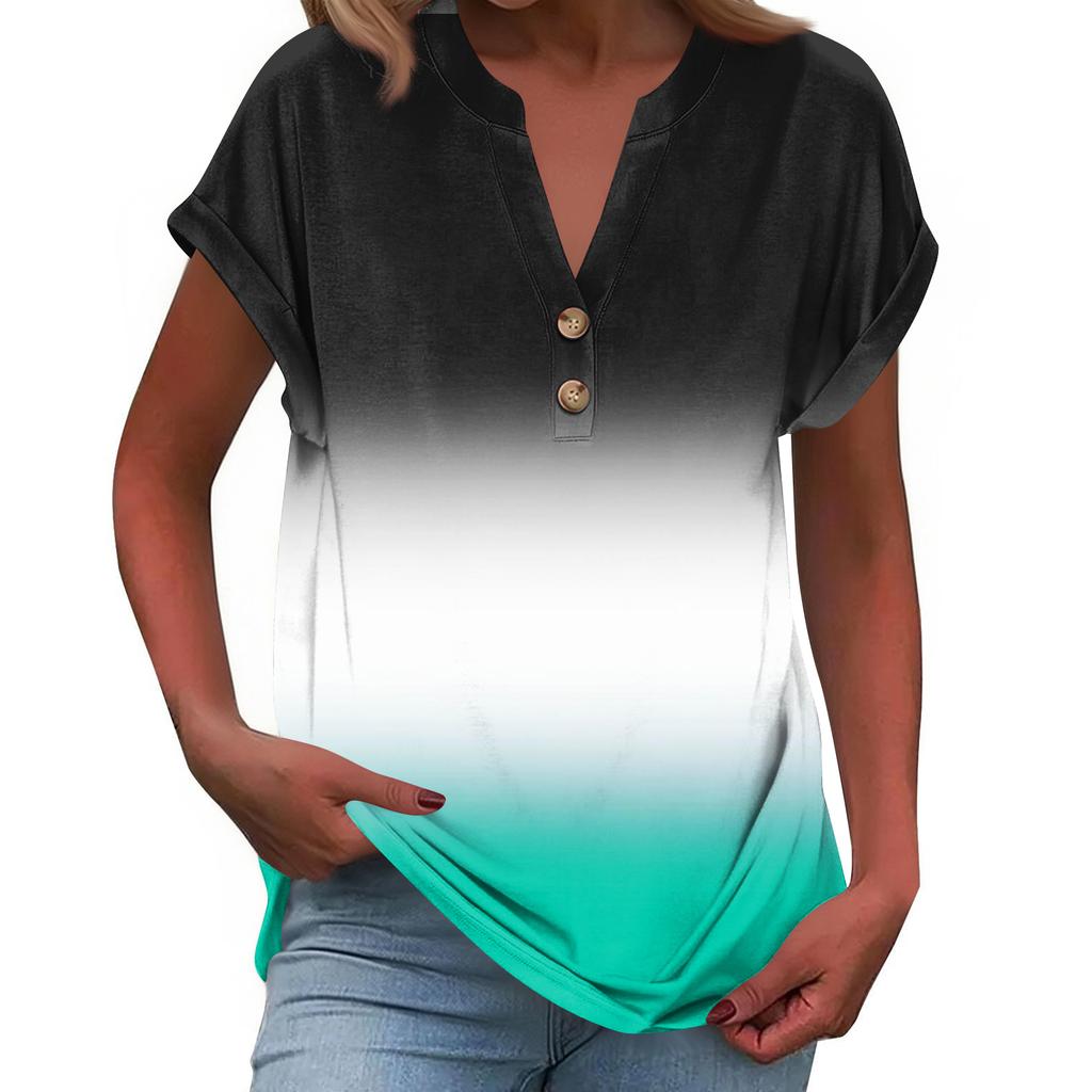 Women's Fashionable Casual Loose-Fit Short-Sleeved Button-Up V-Neck Printed T-Shirt Top