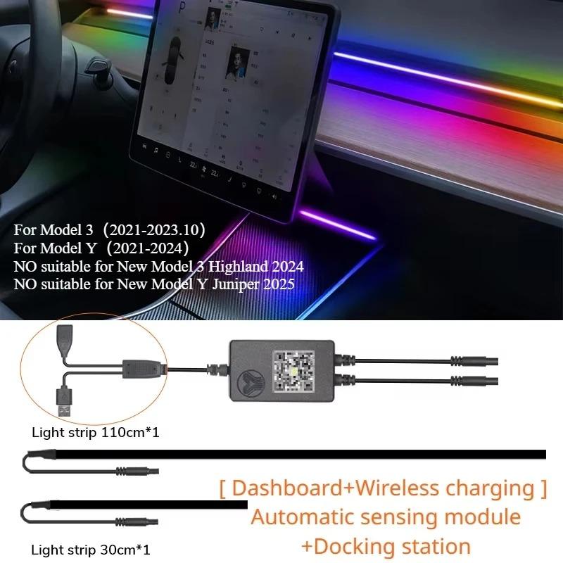For Tesla Model 3 Y Instrument Panel Ambient Light Wireless Charging LED Atmosphere Light APP Control LED Strips Neon Lighting