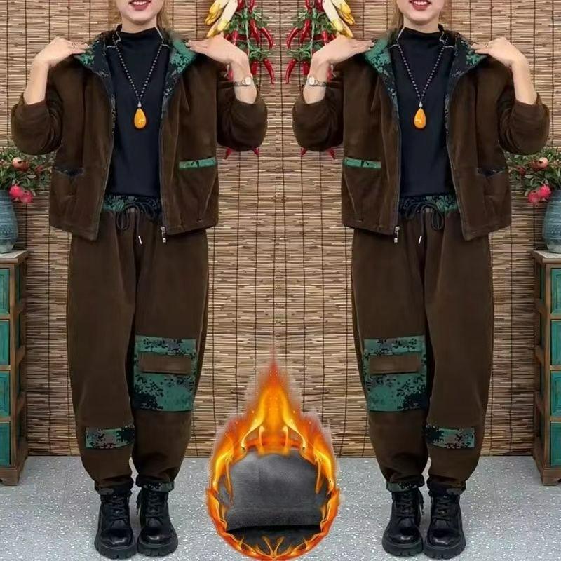 Plus Velvet Thick Corduroy Winter Hooded Suit Mother Is Thin Women's Western Style Fashion Jacket Two-piece Suit