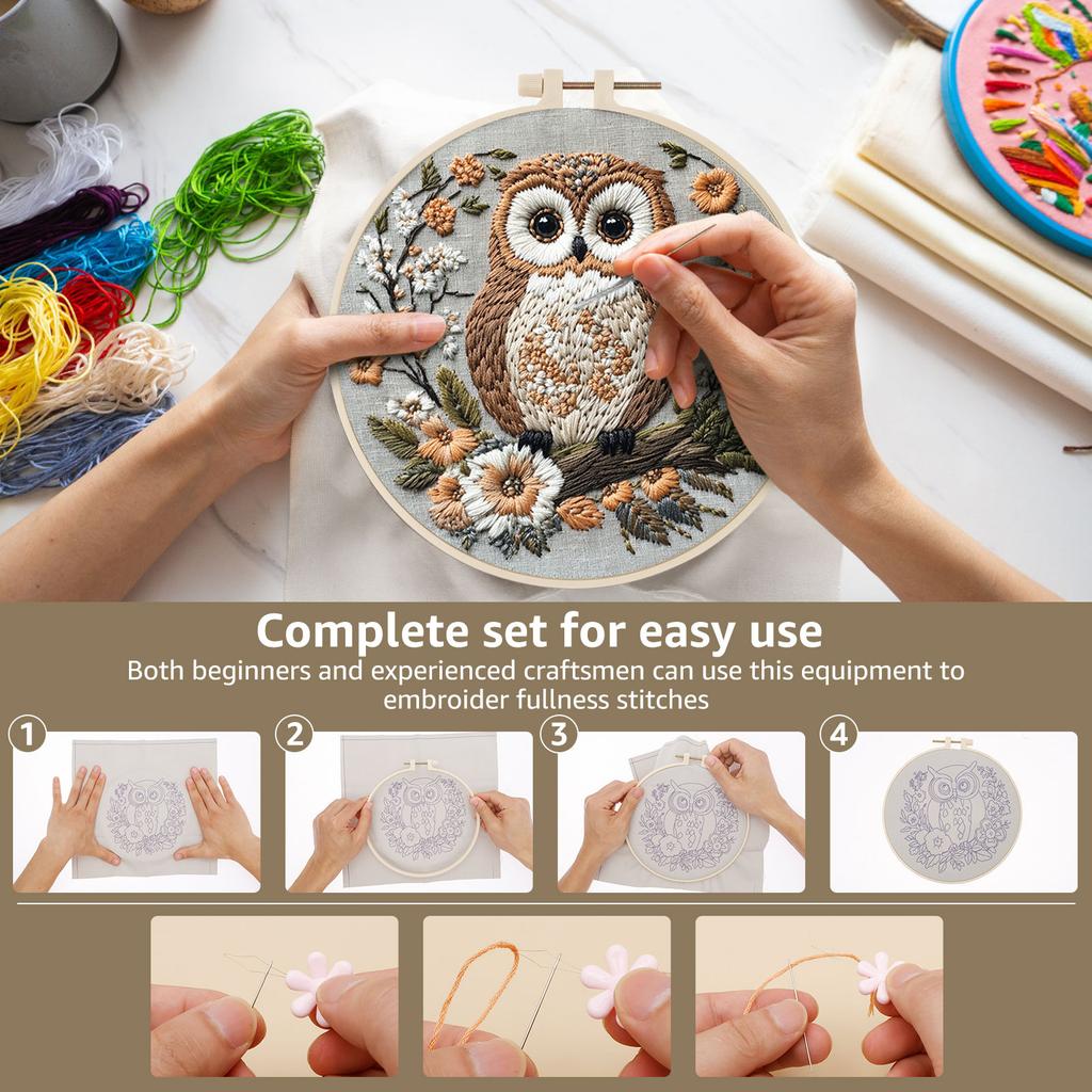 Owl Embroidery Kit Complete Punch Needle Embroidery Kit with Needle Threader Hoops and Threads for Beginner Craft Enthusiast