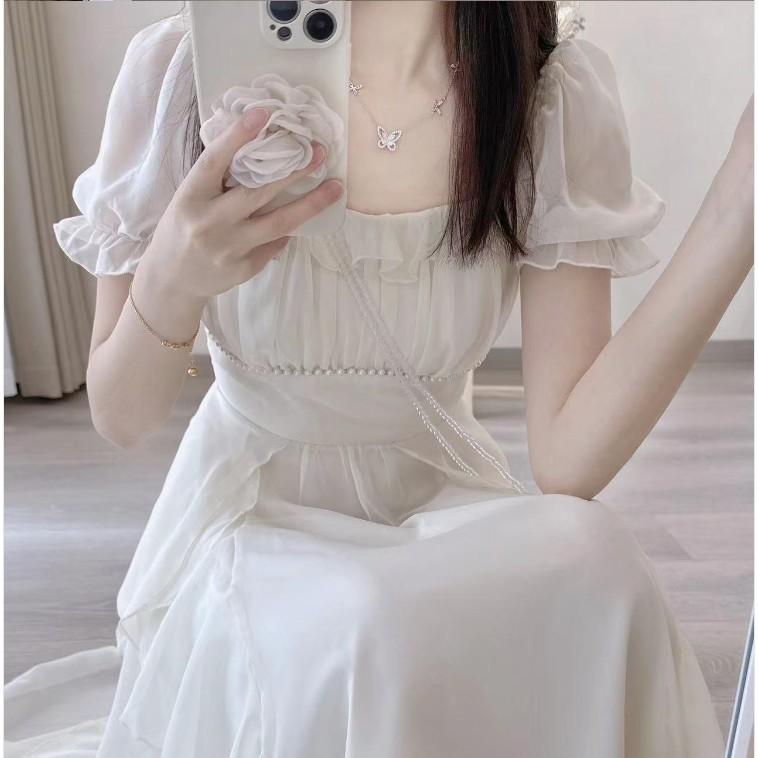 French square collar sweet and gentle fairy style dress women's summer new women's clothing waist thin medium and long skirt