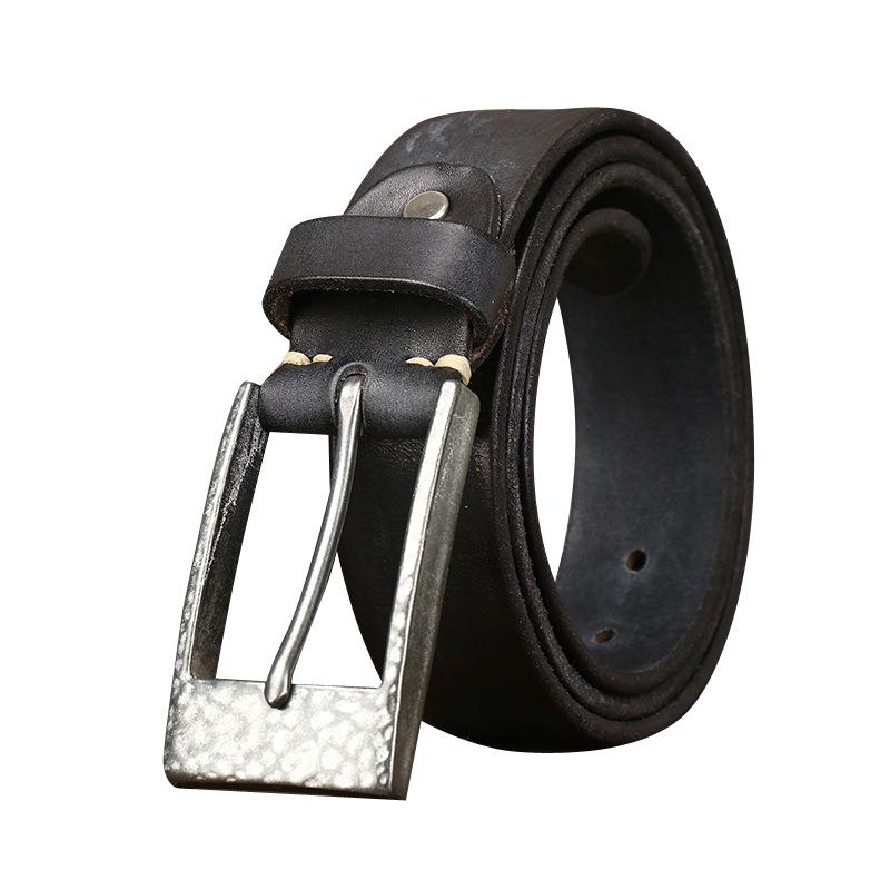 Bold And Thickened Hammer Pattern Stainless Steel Button Head Belt, Men'S Genuine Leather First Layer Cowhide Trendy Versatile Denim Belt