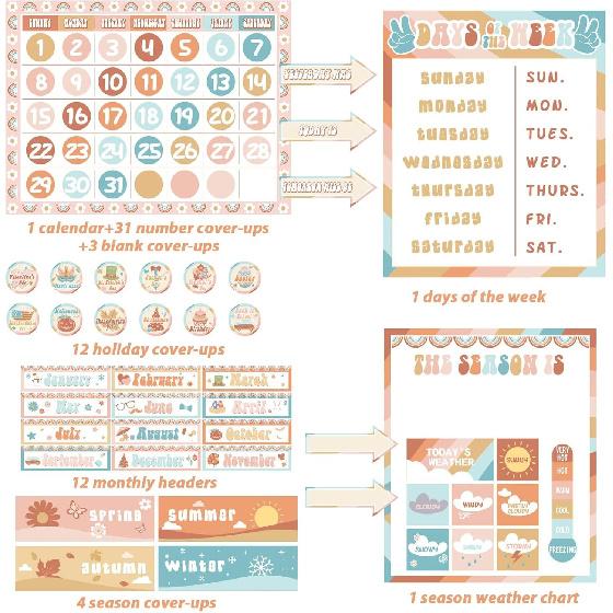 Groovy Classroom Calendar Bulletin Board Set Decorations Retro Hippie Calendar Seasons Weather Chart CTP Bright Paper-Cuts Boho Hippie Wall Decals