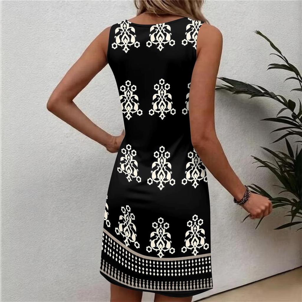 Abito da donna alla moda casual con stampa floreale, girocollo, senza maniche