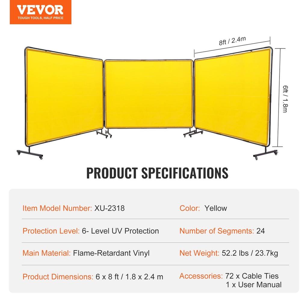 Welding Screen with Frame, 6' x 8' 3 Panel Welding Curtain Screens, Flame-Resistant Vinyl Welding Protection Screen on 12 Swivel Wheels (6 Lockable),