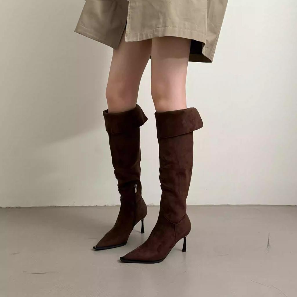 2025 autumn and winter new products wear Korean version of pointed suede folding stiletto over the knee boots women's versatile side zipper boots