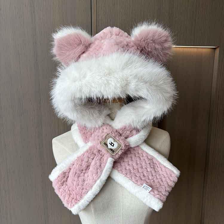 Winter New Bear Ears Women's Hat Scarf Integrated Two-piece Set Cute Plush Color Matching Student Cycling Ear Hat