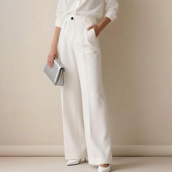 Women Pants High Waist Straight Wide Leg Suit Trousers with Side Pockets Pure Color