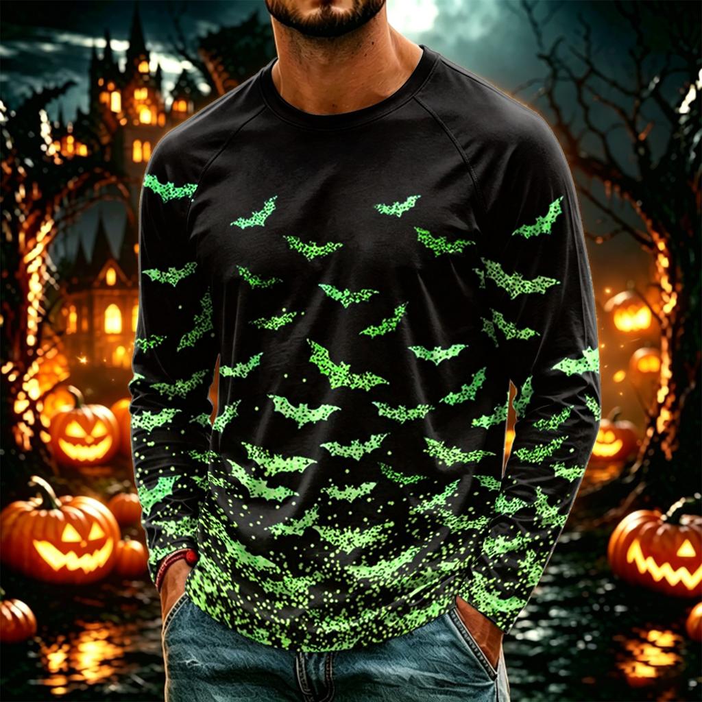 Men's Casual Long Sleeve Halloween Printed T-Shirt, Lightweight Neck Top for Daily Wear