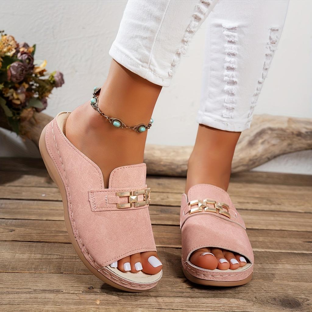 Women's Thick Bottom Platform Sandals - White Slip In, Gold Buckle, Flat Bottom, Open Toe Design, PU Sole, Synthetic Inner and Upper, Casual Shoes