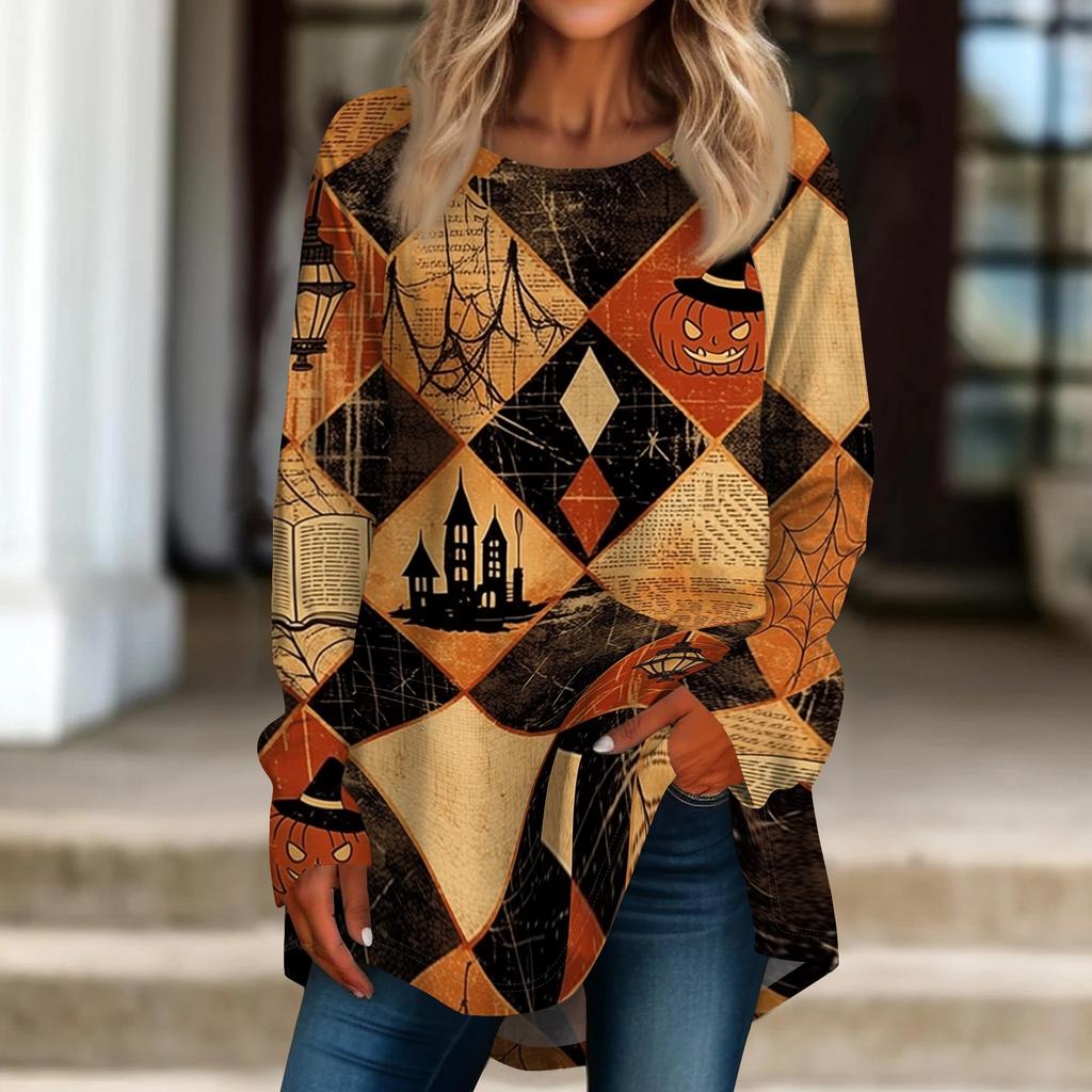 Women's Loose Fit Neck Halloween Print Long Sleeve Tunic Top