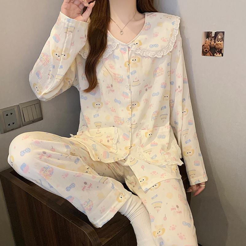 Pigiama in Cotone a Nuvole Pois - Set da Donna a Manica Lunga con Collo da Bambola per Primavera e Autunno