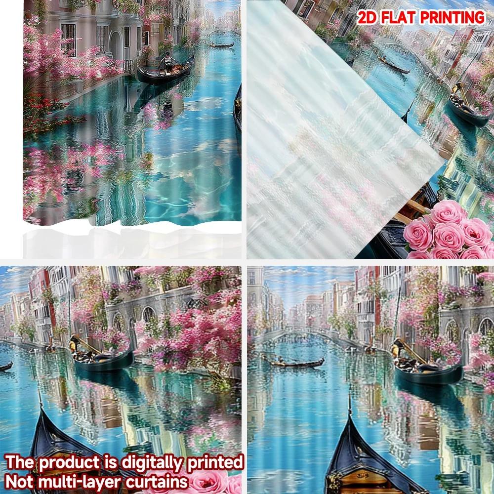 Set Of 2 Venice Canal Curtains Digital Printing Pastel Buildings Gondolas Pink Flowers Blue Sky Living Room Decor Curtain Polyester Perfect For