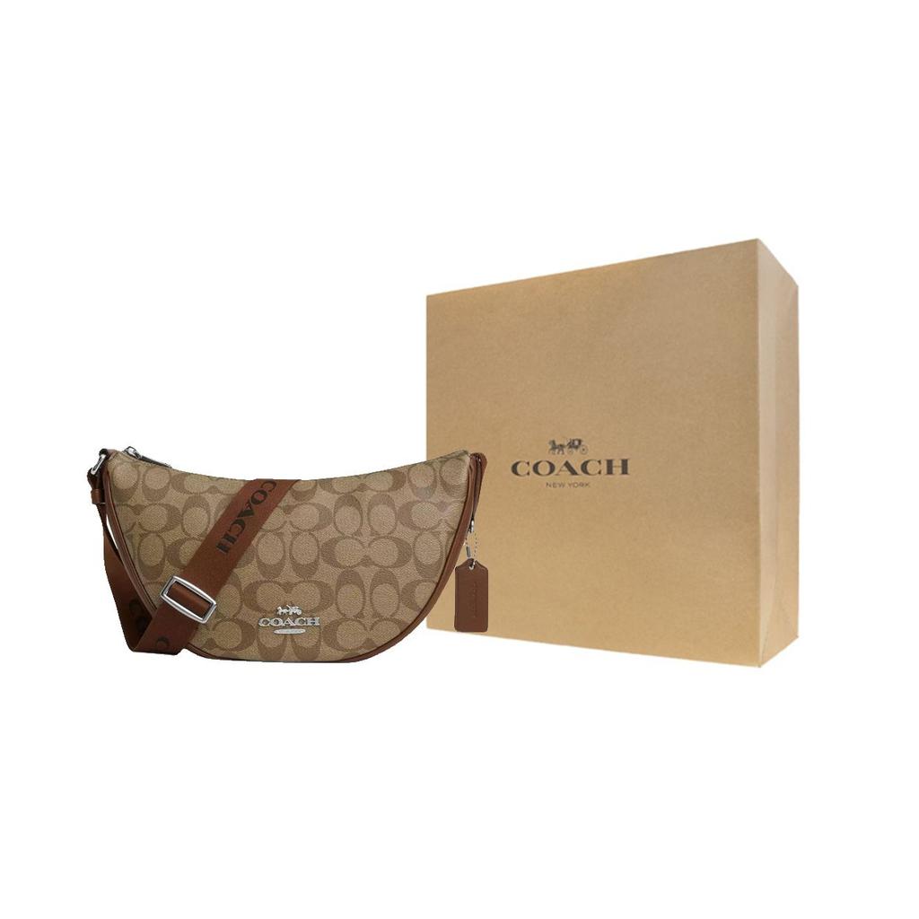 Coach Pace 29 Logo Zipper Closure Coated Canvas And Fine Calfskin Crossbody Shoulder Bag Large Women Shoulder Bag Silver Khaki Saddle CT643-SVWQ3