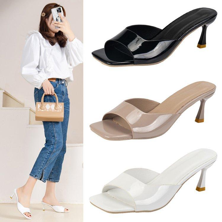 High Heels Sandals Women Summer New Plus Size 42 Square Head Slim Heels Women Slippers