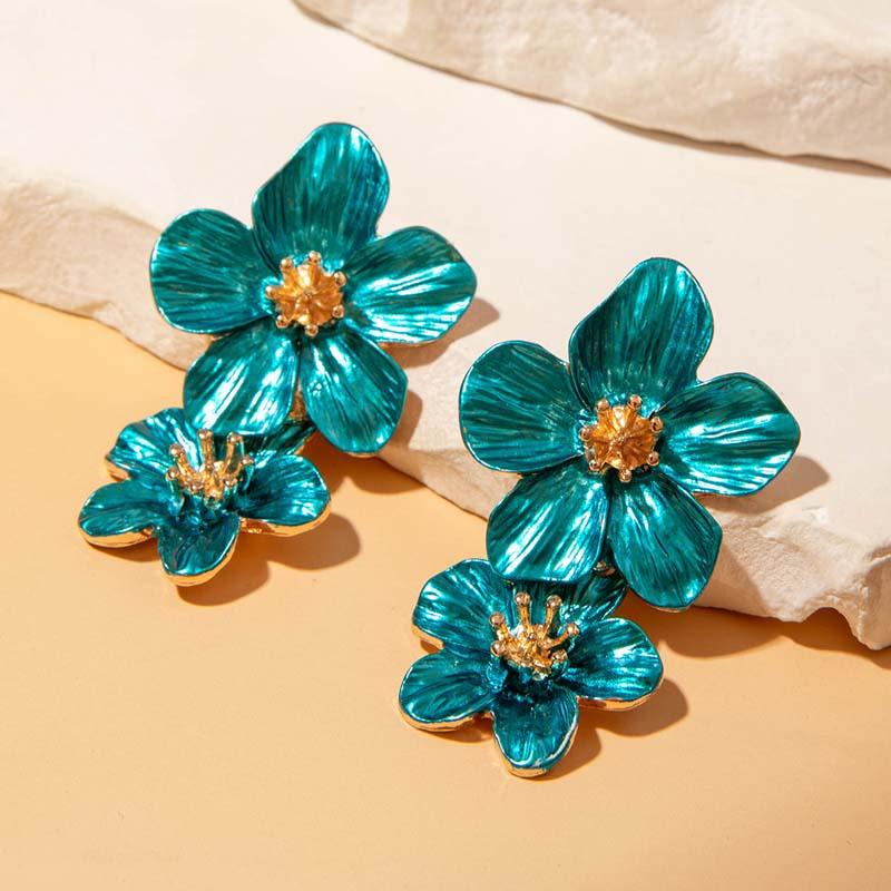 Bohemian Colorful Drip Oil Flower Pendant Earrings for Women Exaggerated Metal Long Double Flower Tassel Earrings Jewelry Gifts
